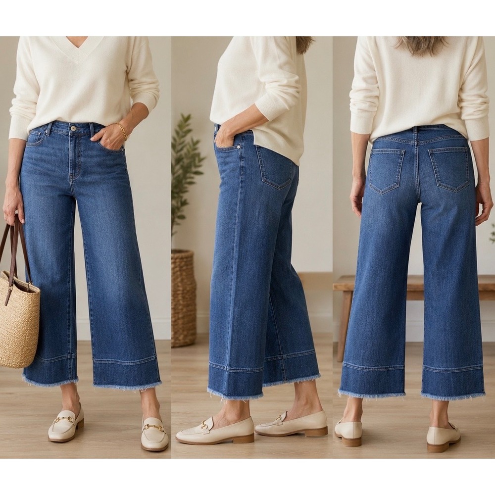 J. Jill Womens 10 Blue High-Rise Full-Leg Crops Raw Hem Denim Jeans Wide Leg